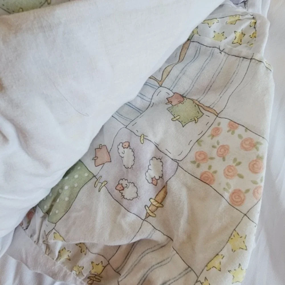 Vtg Boyds Bears Fitted Sheet & Crib Skirt Ruffled Patchwork Pastel Sheep Bedding
